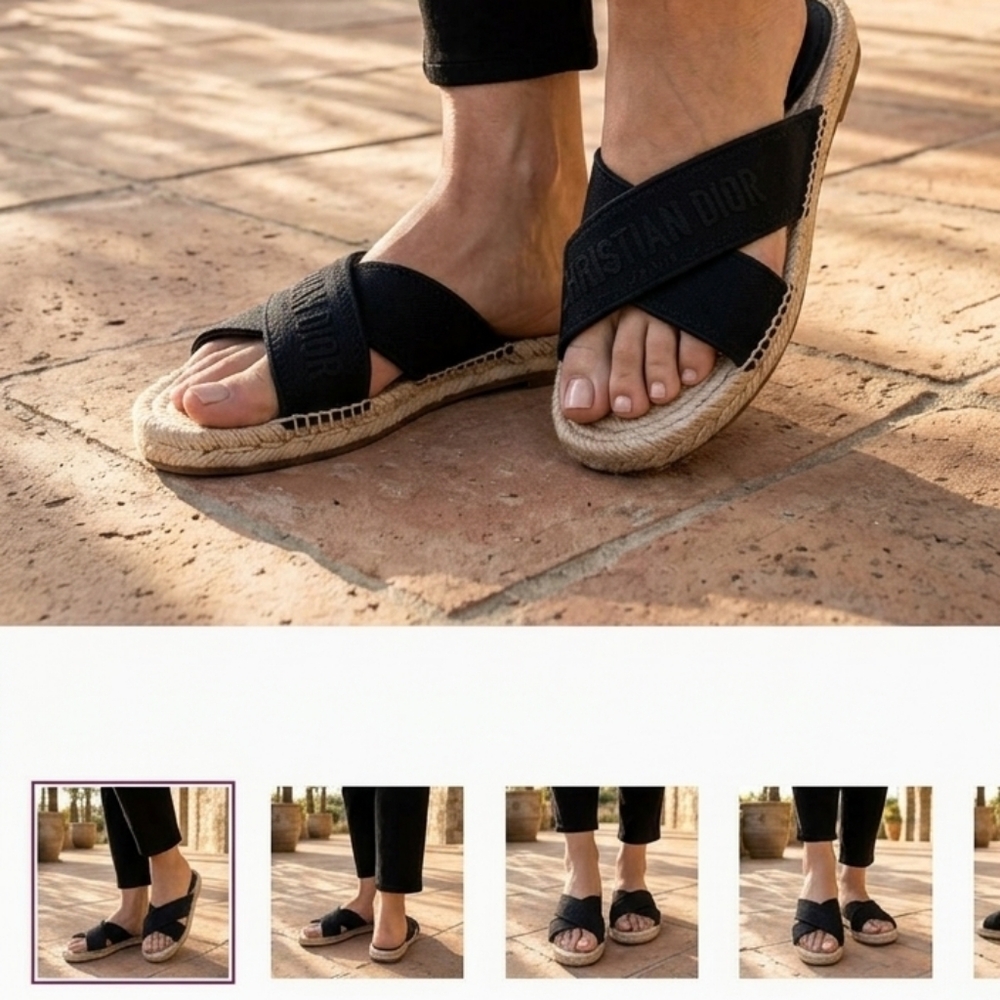 Cristian Dior Black And Cream Espadrille Slides